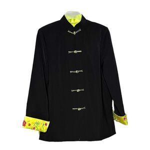 Traditional Chinese Tang Suit Coat Black Yellow Floral Cuffs - Size M